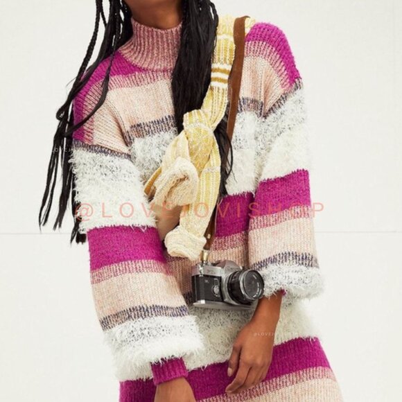 Bohemian | NWT! Free People Mohair Knit Sweater Dress | Cozy Raspberry & Peach - Picture 4 of 10